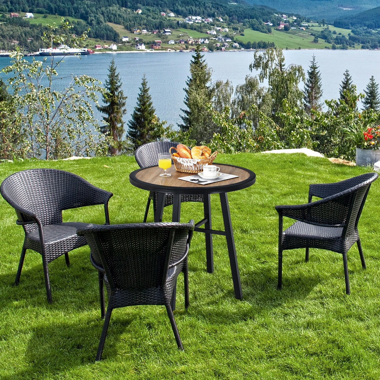 29 Inch Patio Round Bistro Metal Table with Wood-Like Top