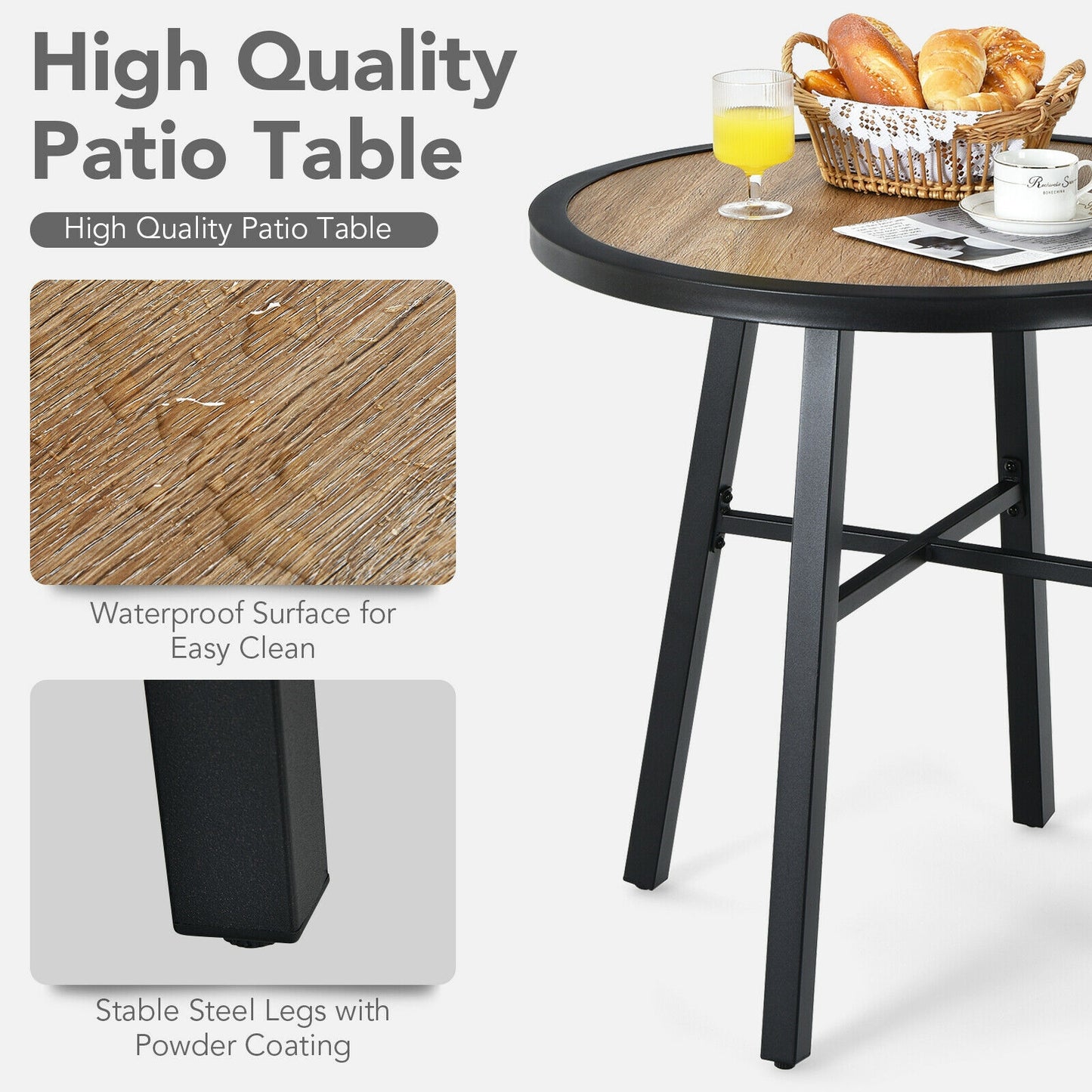 29 Inch Patio Round Bistro Metal Table with Wood-Like Top