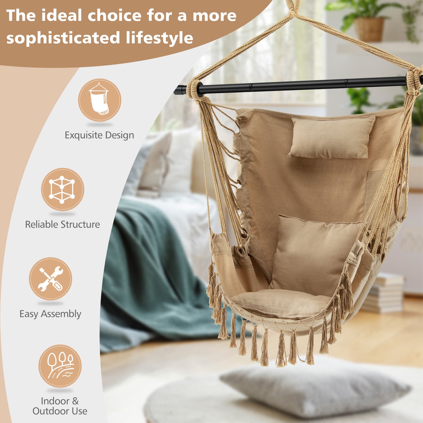 Hanging Rope Swing Chair with Soft Pillow and Cushions-Beige