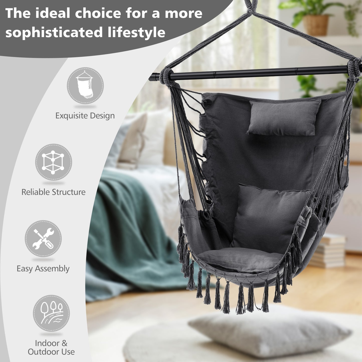 Hanging Rope Swing Chair with Soft Pillow and Cushions-Gray