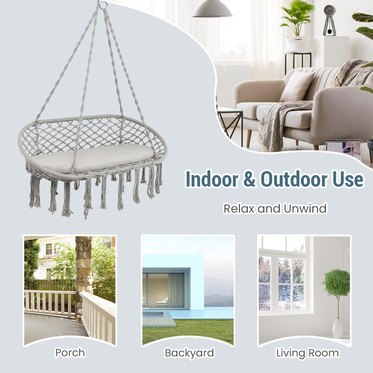 2 Person Hanging Hammock Chair with Cushion Macrame Swing-Gray