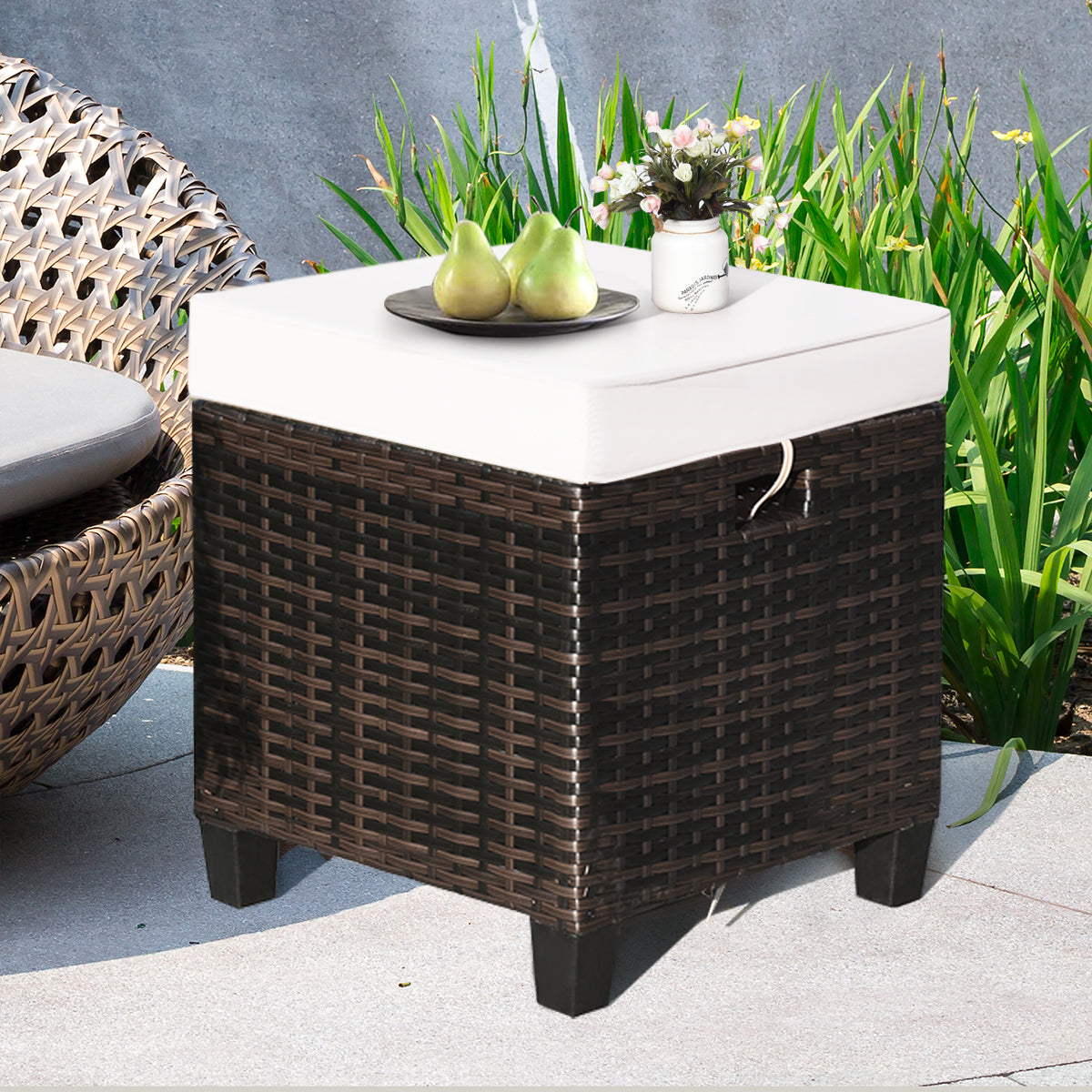 2 Pieces Patio Rattan Ottoman Cushioned Seat-Beige