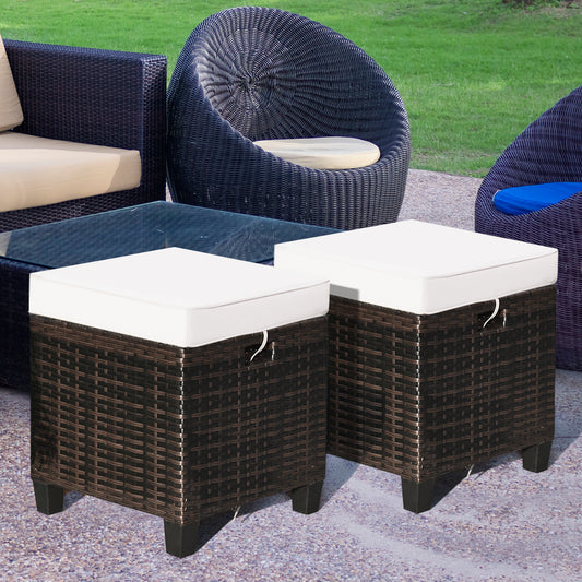 2 Pieces Patio Rattan Ottoman Cushioned Seat-Beige