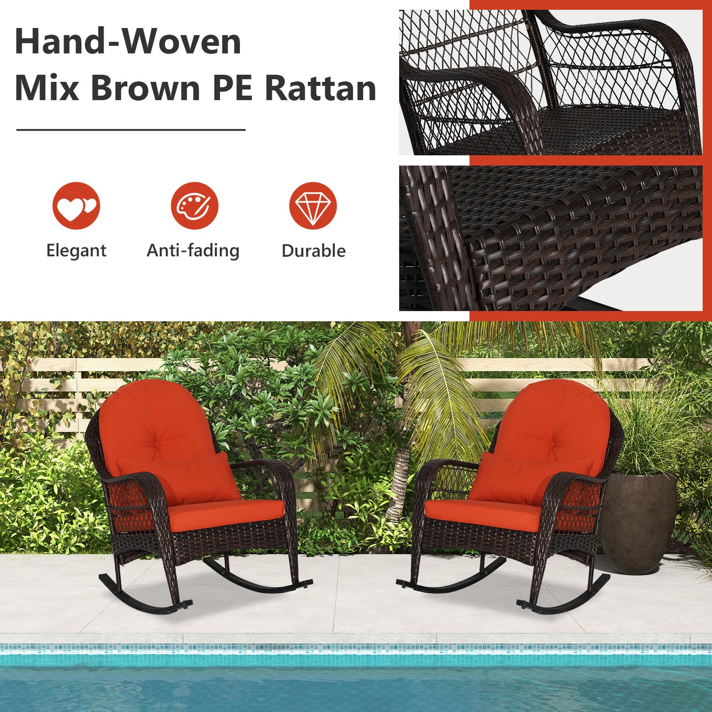Patio Rattan Rocking Chair with Seat Back Cushions and Waist Pillow-Red