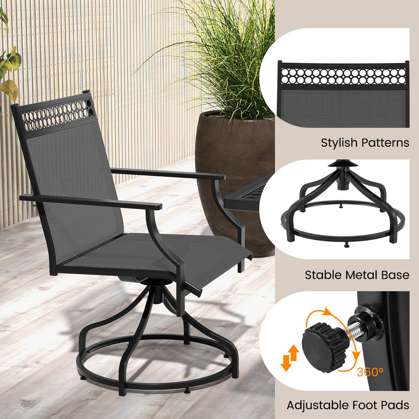 Patio Swivel Dining Chairs Set of 2 with Heavy-duty Metal Frame and Armrests-Gray