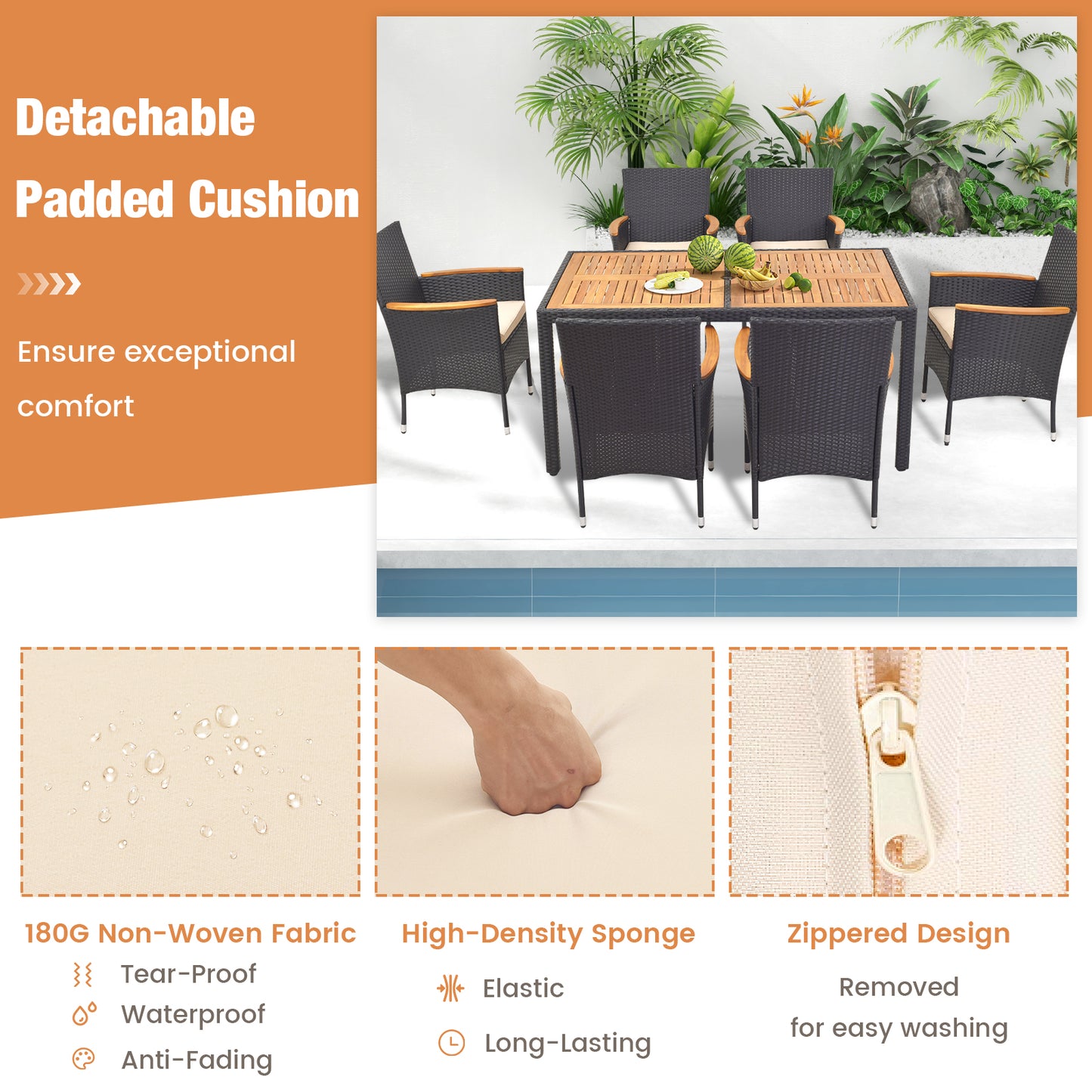 7 Pieces Outdoor Dining Set with Umbrella Hole for Backyard