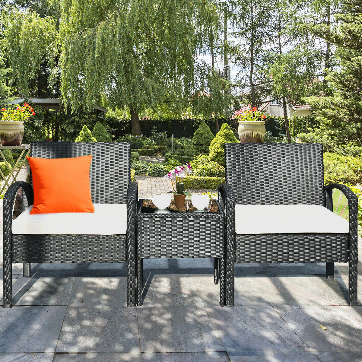 3 Piece Patio Rattan Furniture Set Sofa Cushioned Table Garden