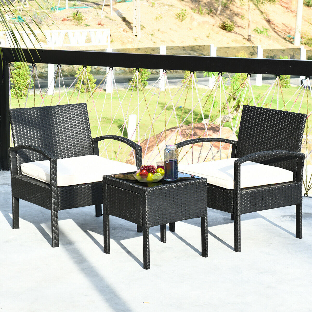 3 Piece Patio Rattan Furniture Set Sofa Cushioned Table Garden