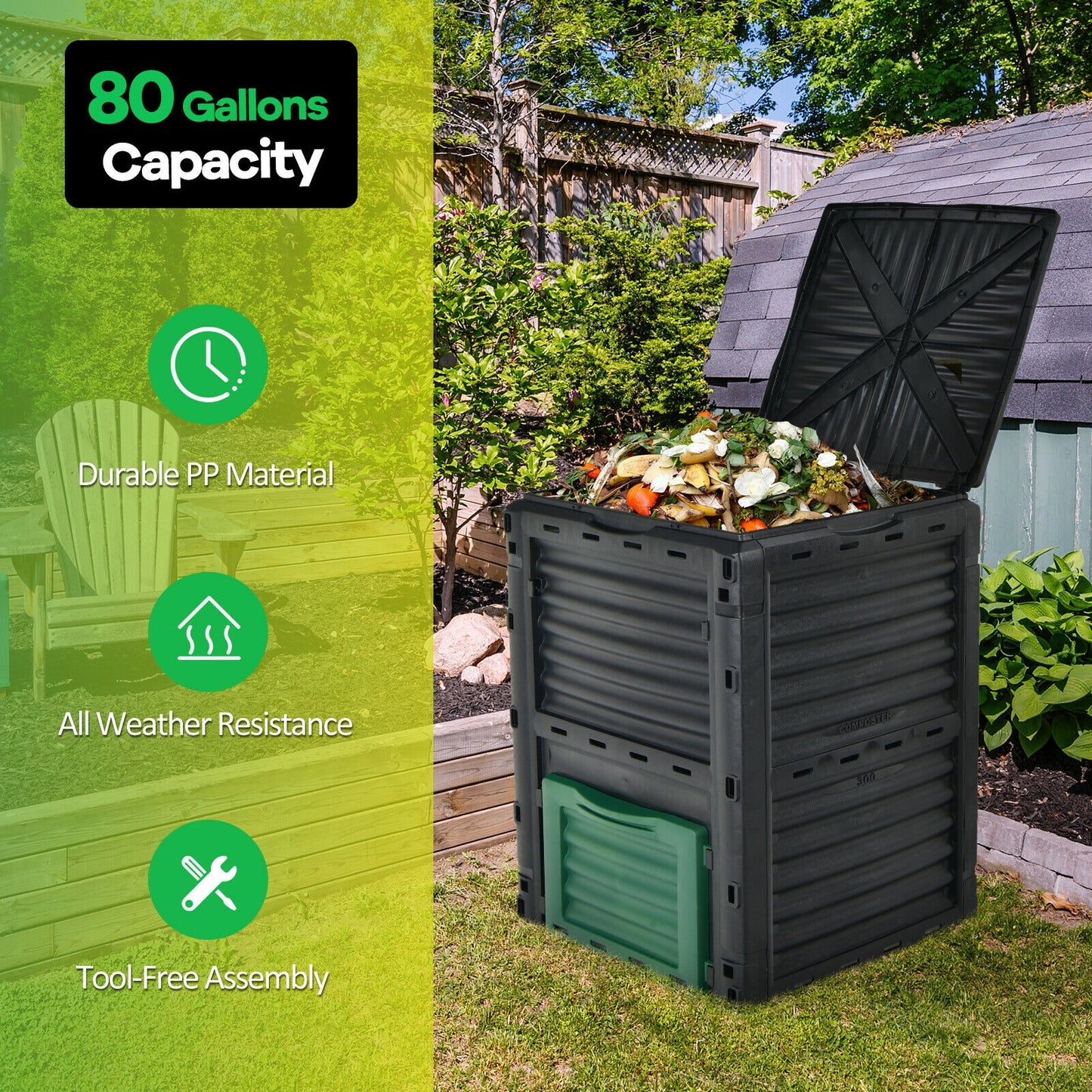 80-Gallon Outdoor Composter with Large Openable Lid and Bottom Exit Door-Green