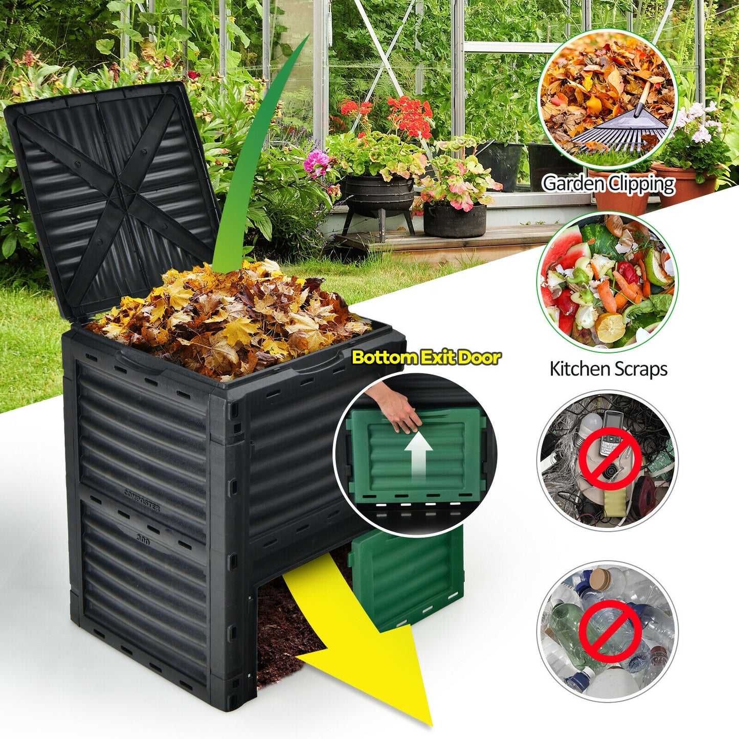 80-Gallon Outdoor Composter with Large Openable Lid and Bottom Exit Door-Green