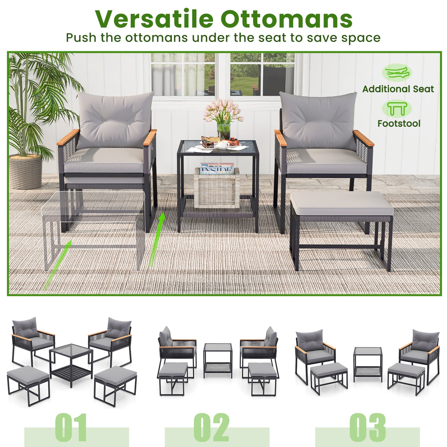 5 Piece Outdoor Rattan Conversation Set with 2-Layer Side Table and 2 Ottomans-Gray