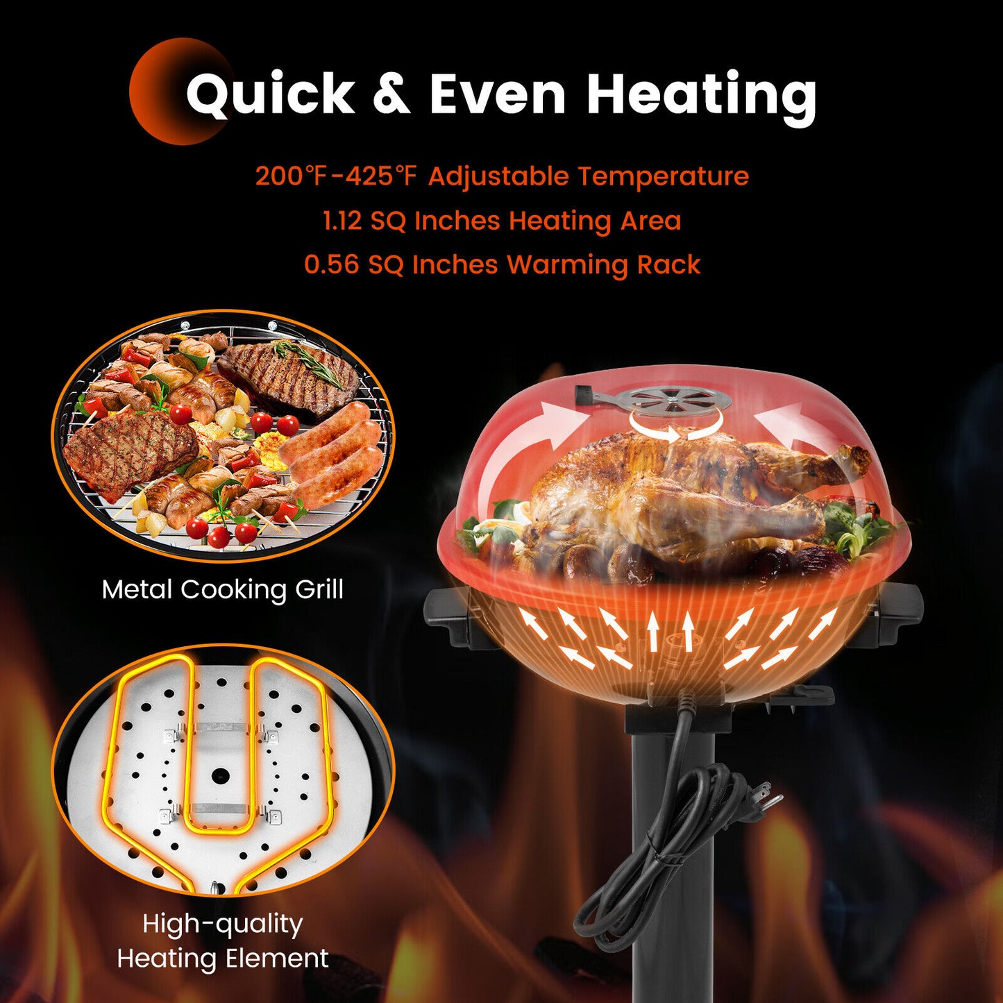 1600W Electric BBQ Grill with Removable Non-Stick Warming Rack-Red