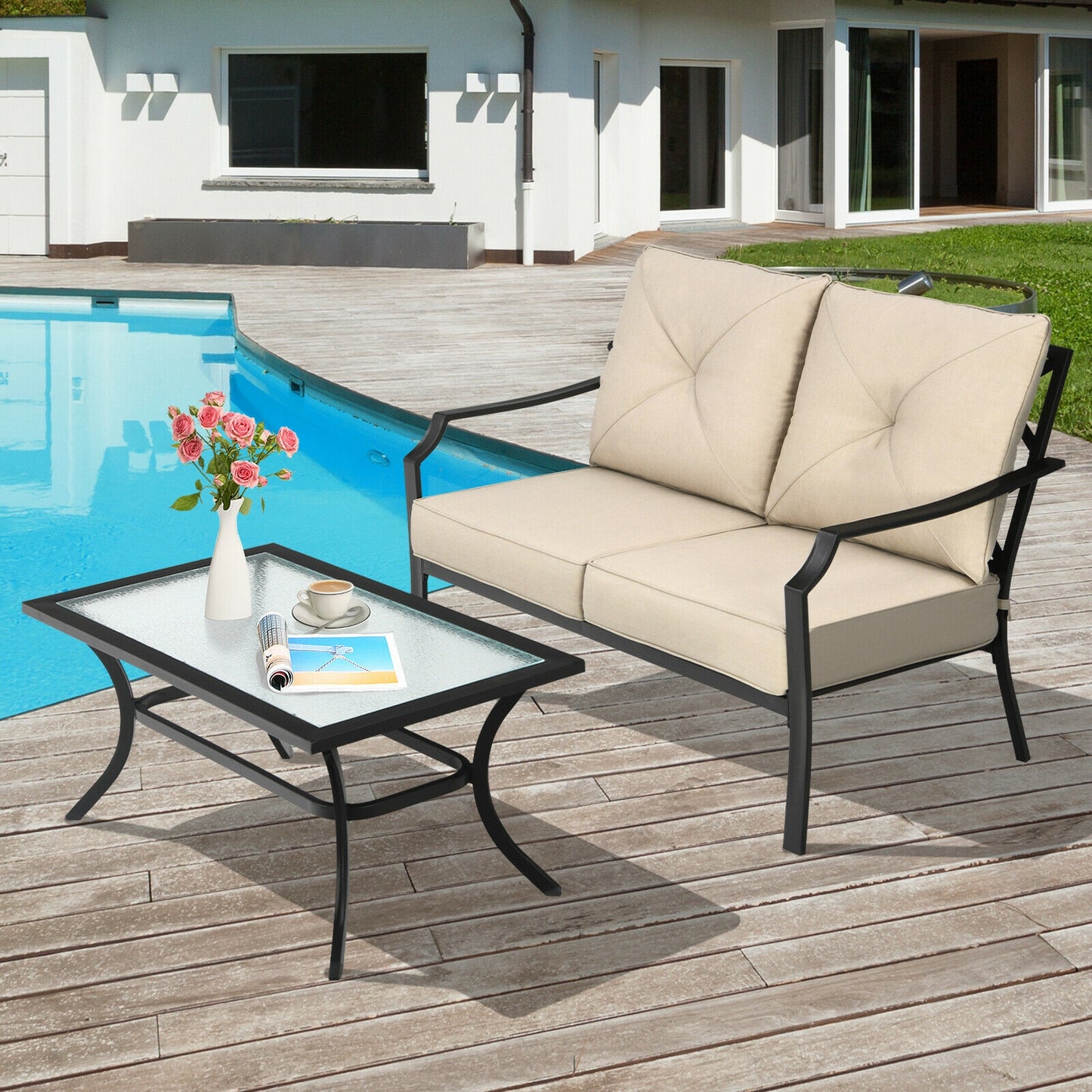 2 Pieces Patio Outdoor Cushioned  Sofa Bench with Coffee Table-Beige