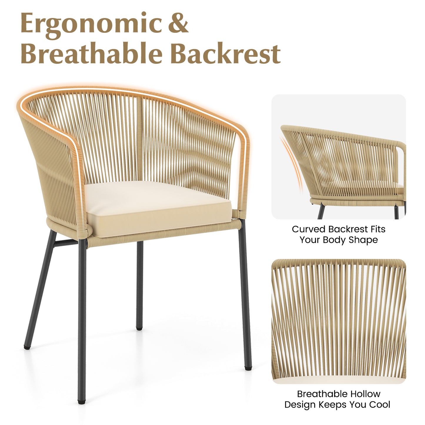 Patio Chairs Set of 4 with Curved Backrest and Seat Cushion for Patio