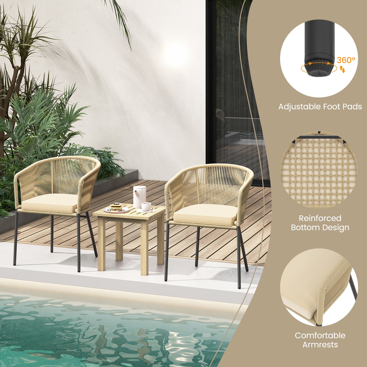 Patio Chairs Set of 4 with Curved Backrest and Seat Cushion for Patio