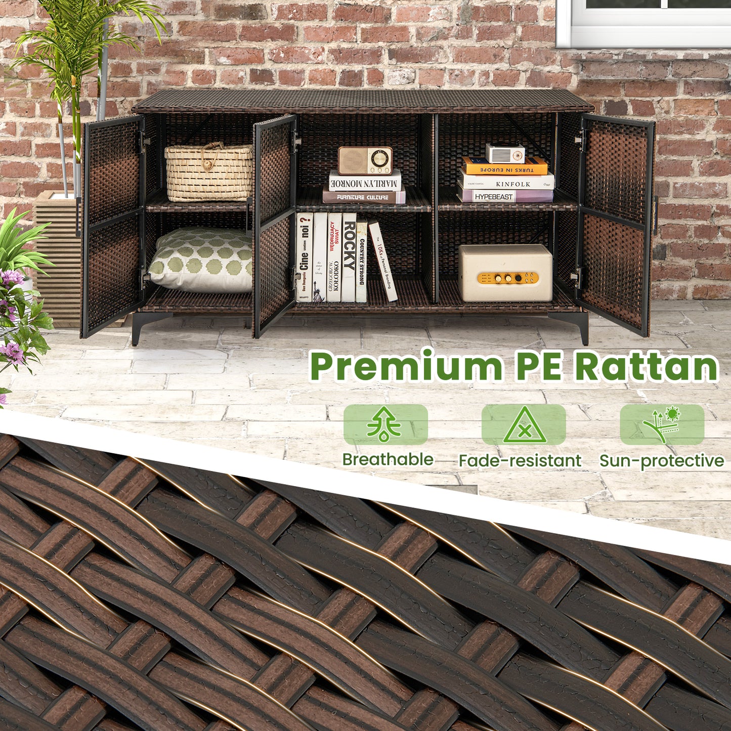 84 Gallon Patio Wicker Deck Box 3-Door PE Rattan Storage Container with Removable Shelves-Brown