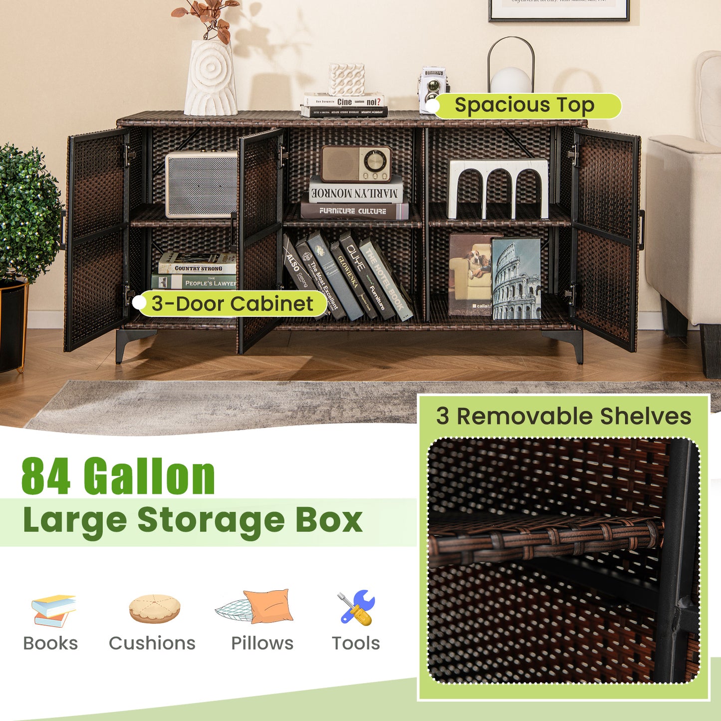 84 Gallon Patio Wicker Deck Box 3-Door PE Rattan Storage Container with Removable Shelves-Brown