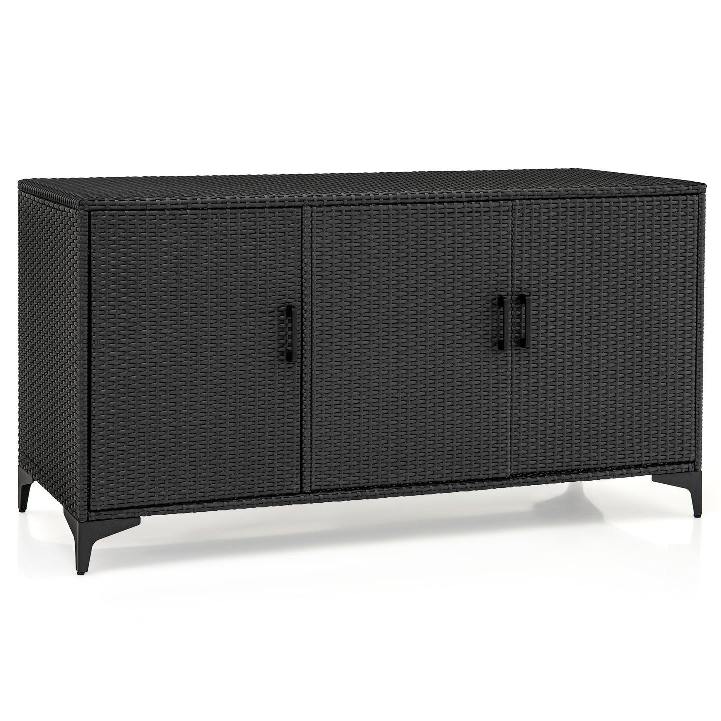 84 Gallon Patio Wicker Deck Box 3-Door PE Rattan Storage Container with Removable Shelves-Black
