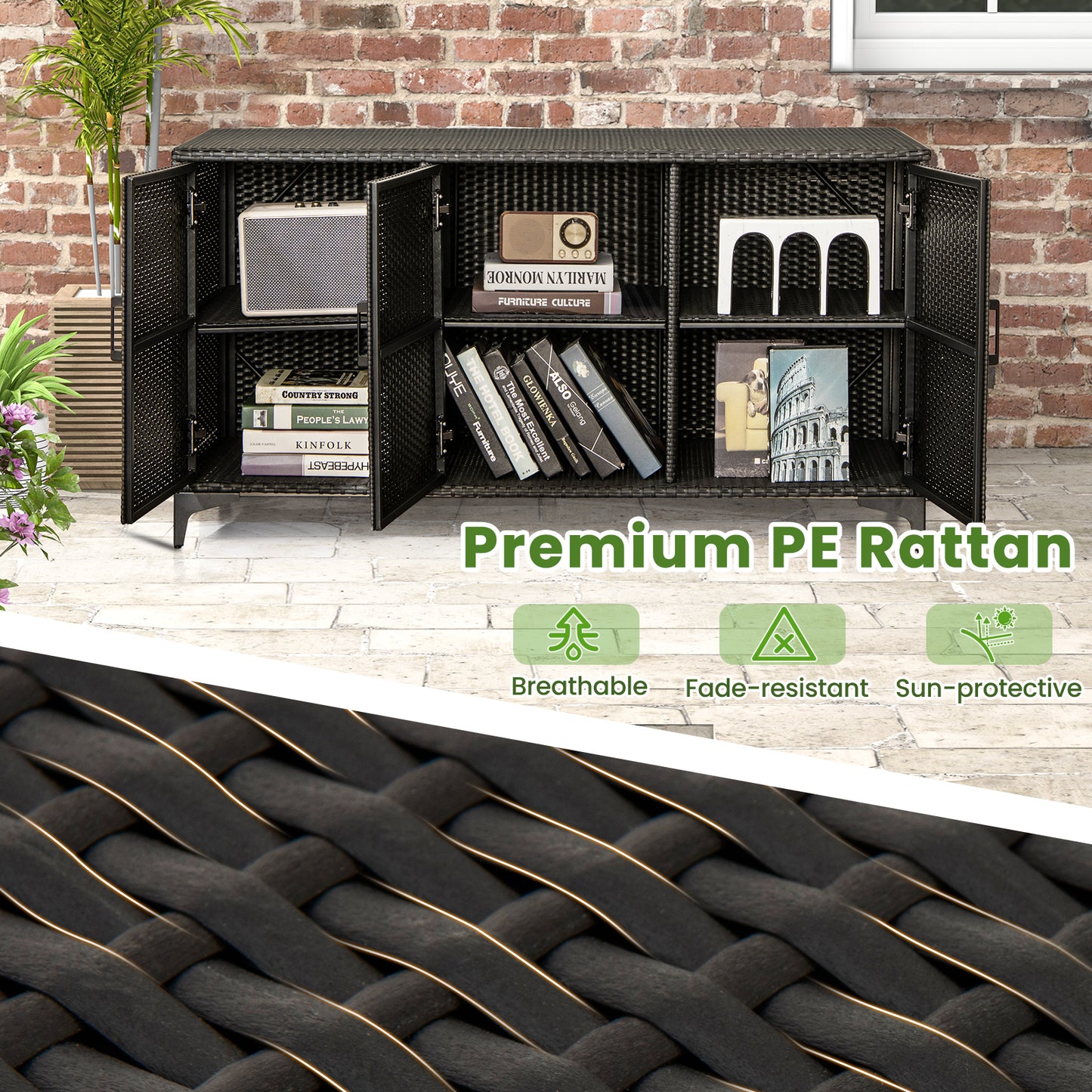 84 Gallon Patio Wicker Deck Box 3-Door PE Rattan Storage Container with Removable Shelves-Black