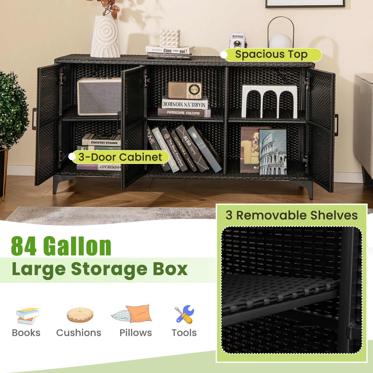 84 Gallon Patio Wicker Deck Box 3-Door PE Rattan Storage Container with Removable Shelves-Black