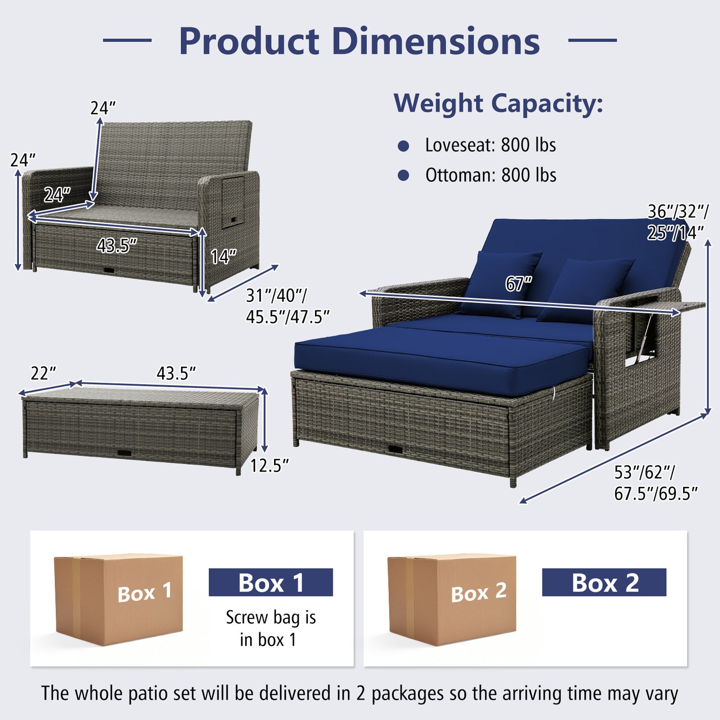 Patio Wicker Loveseat Sofa with Multipurpose Ottoman and Retractable Side Tray-Navy
