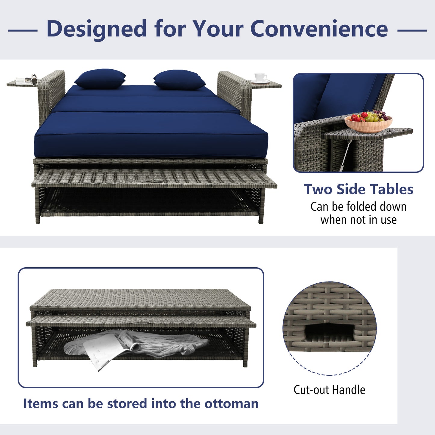 Patio Wicker Loveseat Sofa with Multipurpose Ottoman and Retractable Side Tray-Navy