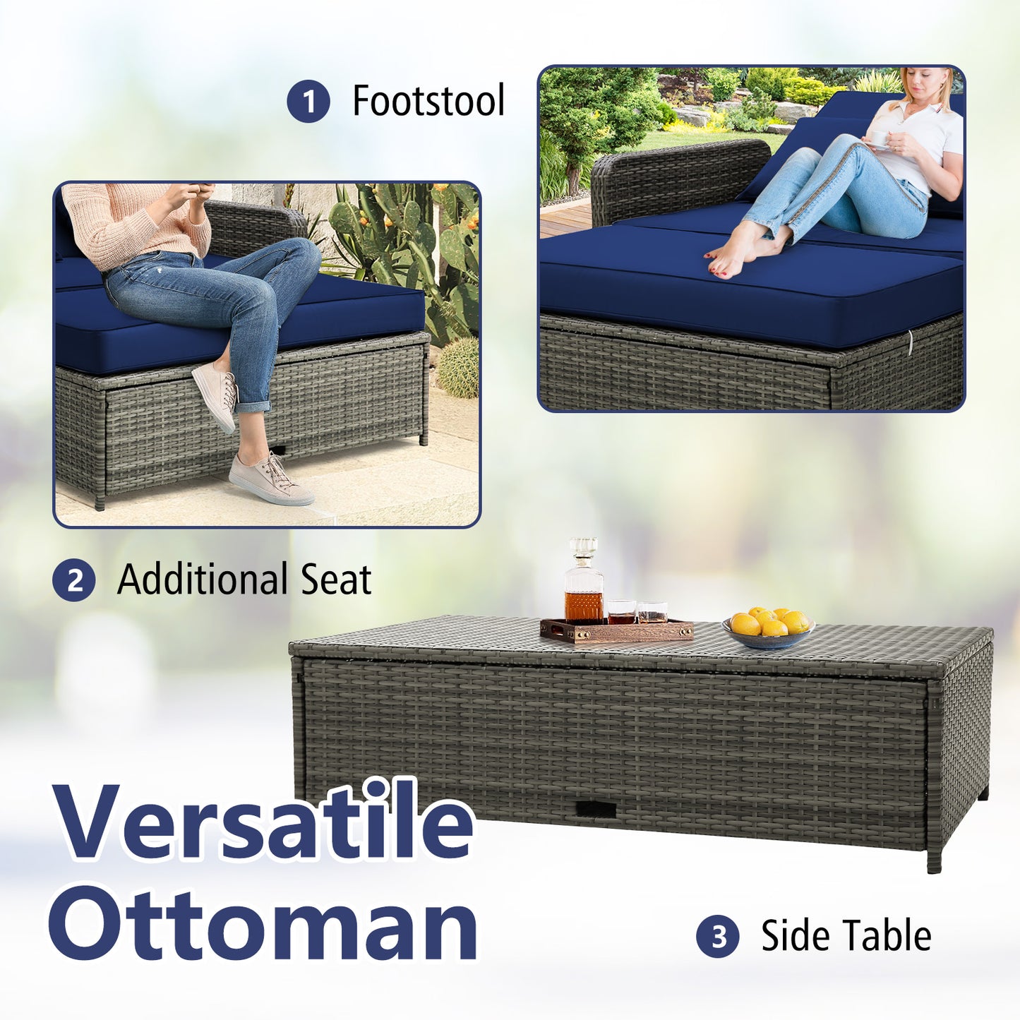 Patio Wicker Loveseat Sofa with Multipurpose Ottoman and Retractable Side Tray-Navy