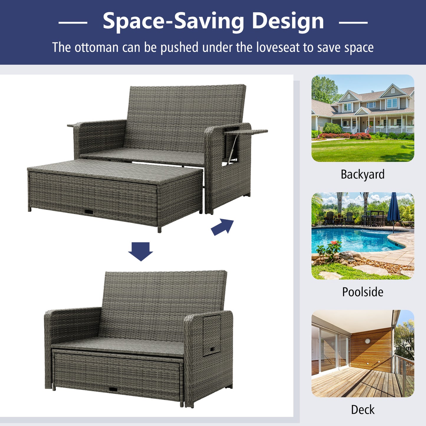 Patio Wicker Loveseat Sofa with Multipurpose Ottoman and Retractable Side Tray-Navy