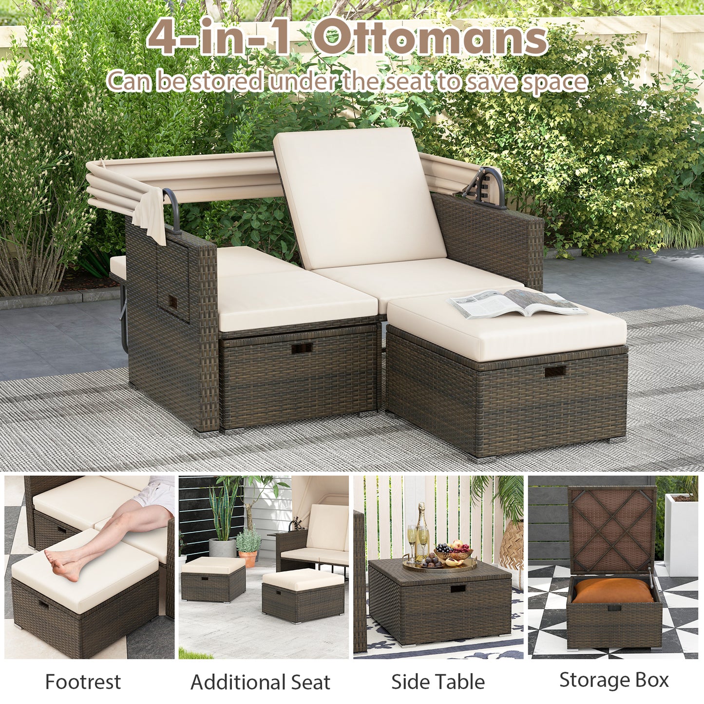 Outdoor Patio Rattan Daybed with Retractable Canopy and Adjustable Backrests-Beige