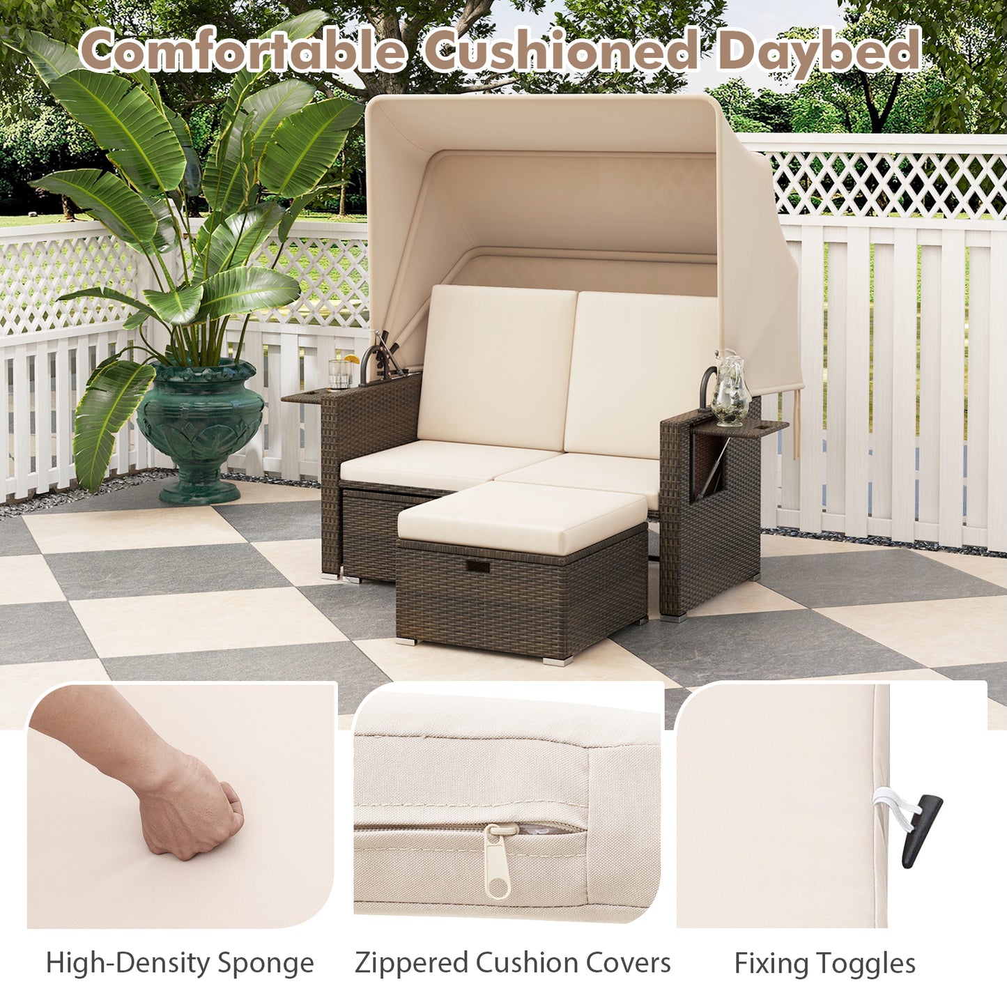 Outdoor Patio Rattan Daybed with Retractable Canopy and Adjustable Backrests-Beige