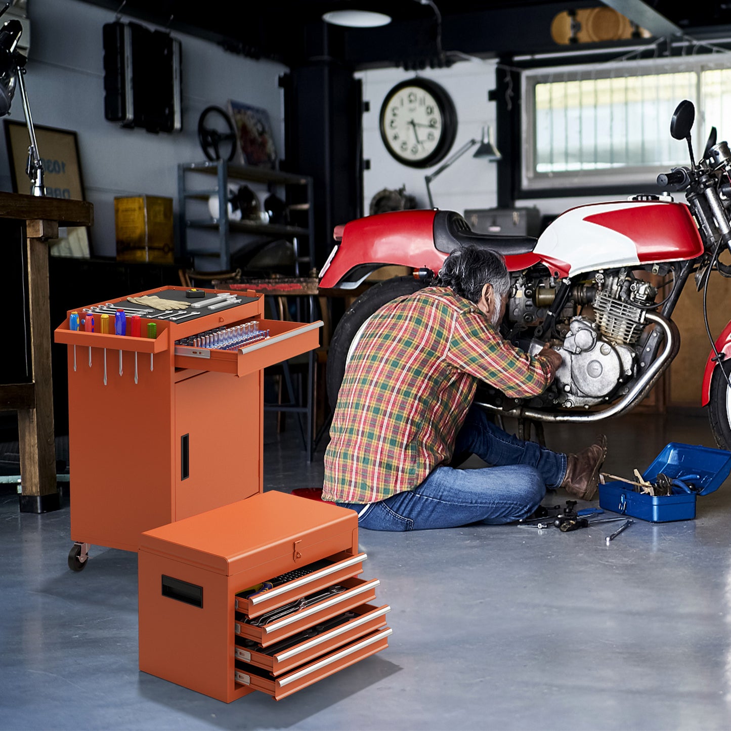2-in-1 Rolling Tool Chest with 5 Sliding Lockable Drawers-Orange