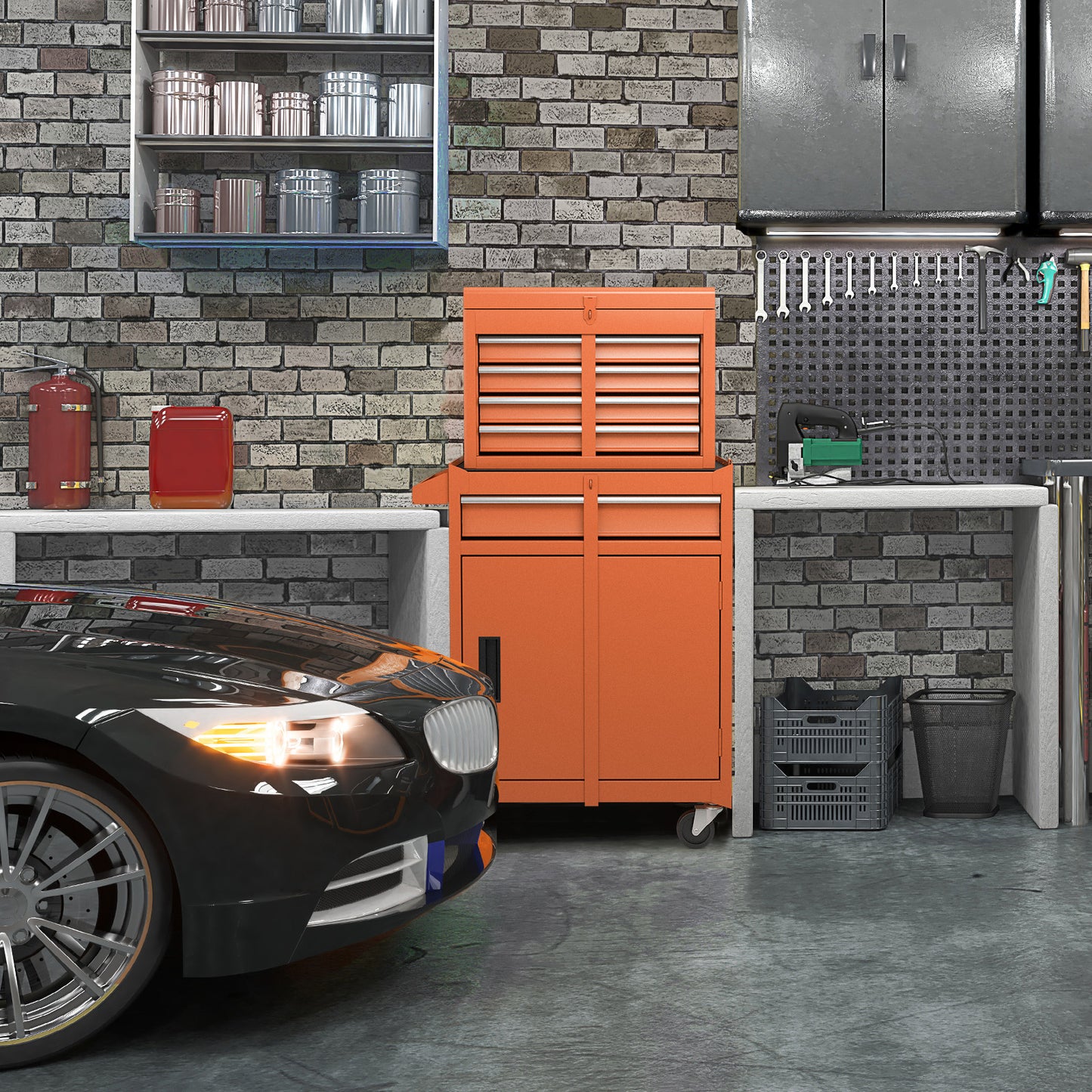 2-in-1 Rolling Tool Chest with 5 Sliding Lockable Drawers-Orange