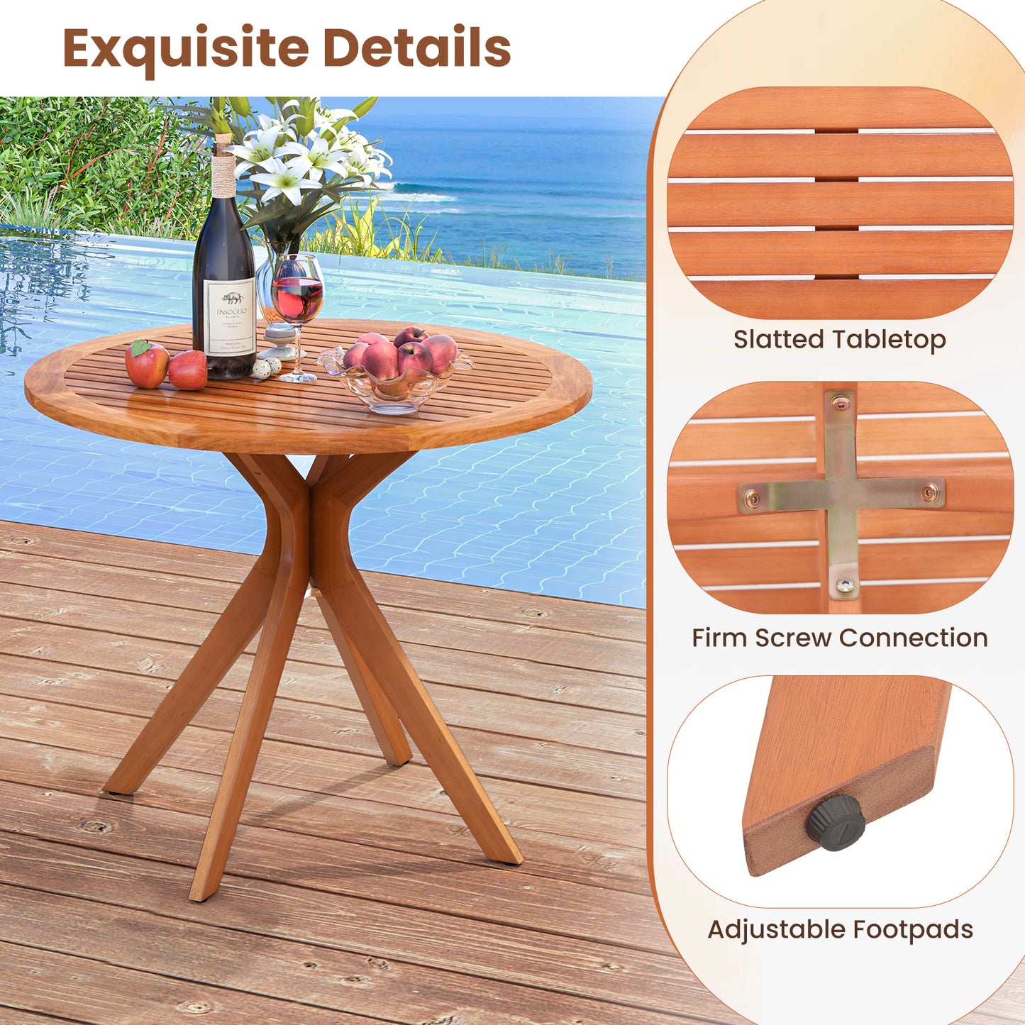 35.5 Inch Patio Wood Dining Table with Slatted Tabletop and Curved Legs