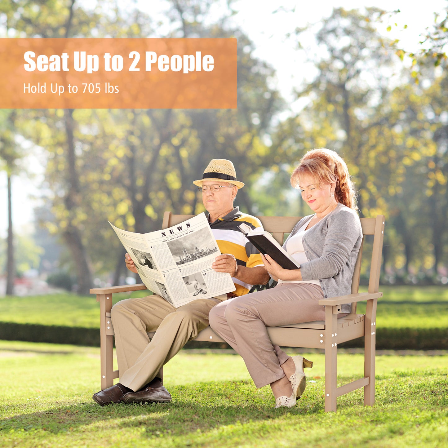 52 Inch All-Weather HDPE Outdoor Bench with Backrest and Armrests-Teak