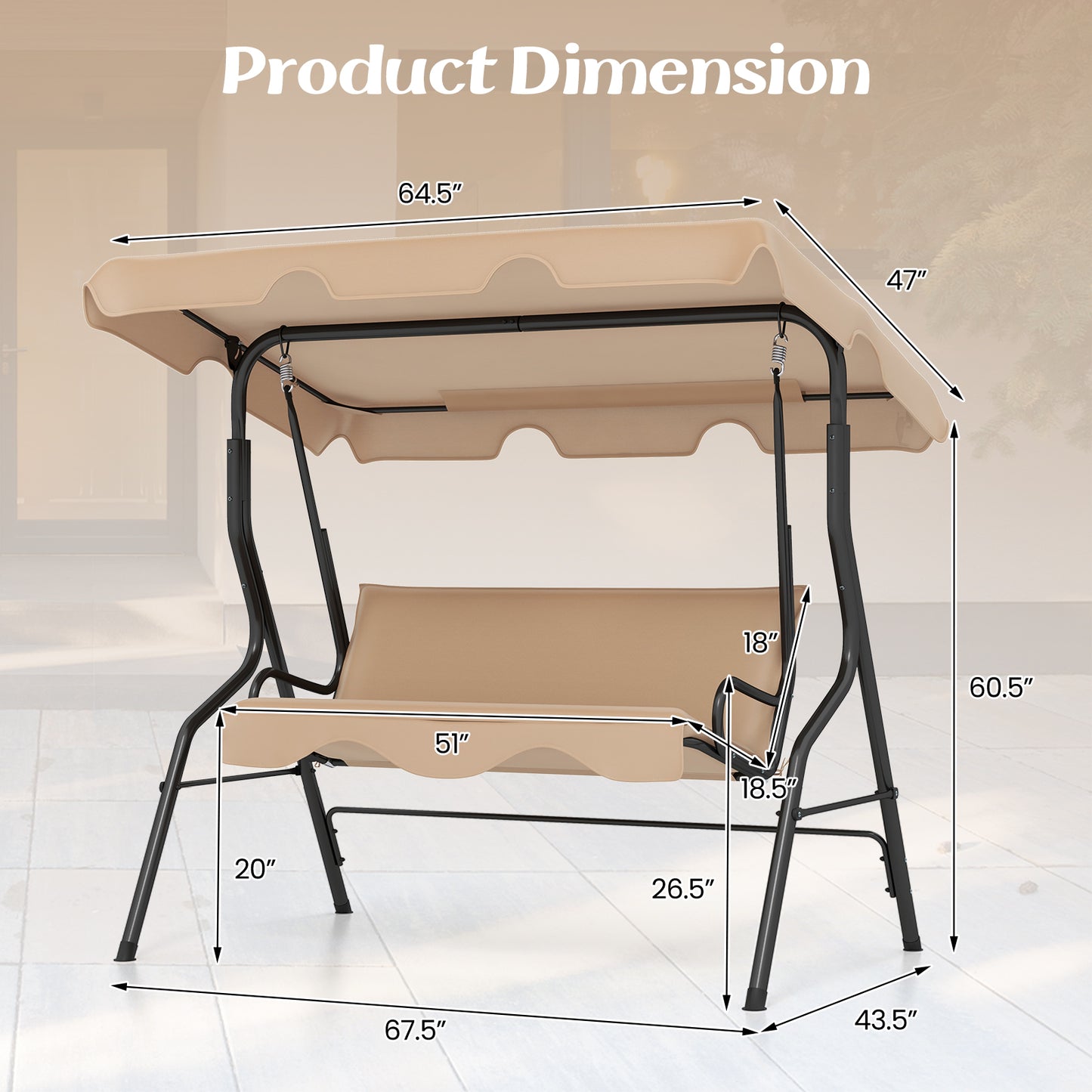 3 Seat Outdoor Patio Canopy Swing with Cushioned Steel Frame-Beige