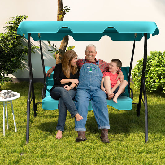 3 Seats Patio Canopy Cushioned Steel Frame Swing Glider Hammock-Blue