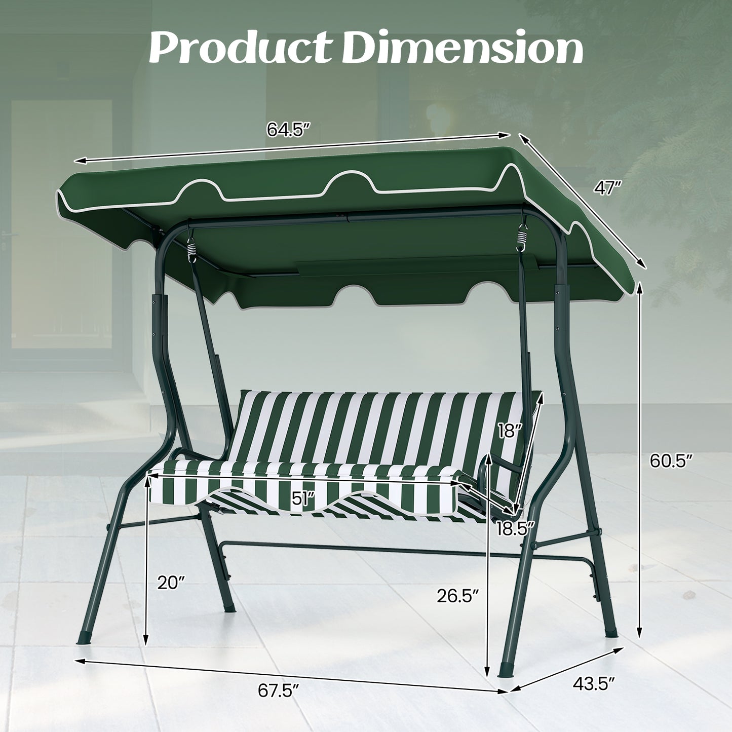 3 Seats Patio Canopy Swing-Green