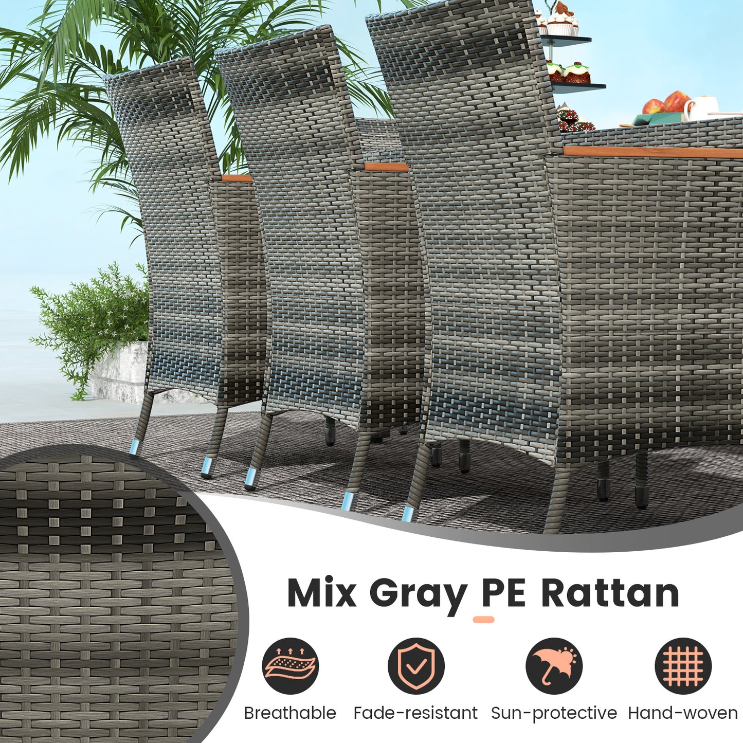 10 Pieces Patio Wicker Dining Set with 15 Feet Double-Sided Patio Umbrella-Gray