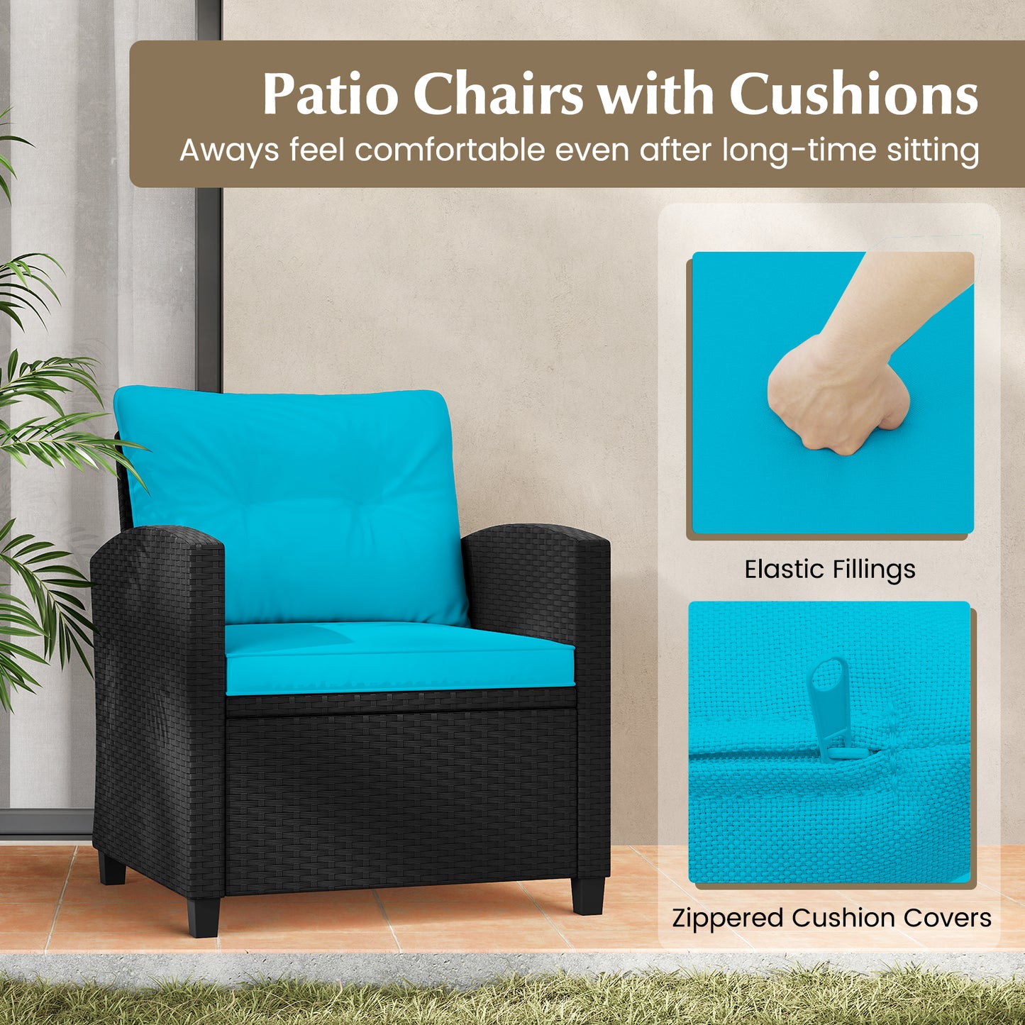 3 Pieces Patio Furniture Set with Tempered Glass Coffee Table-Turquoise