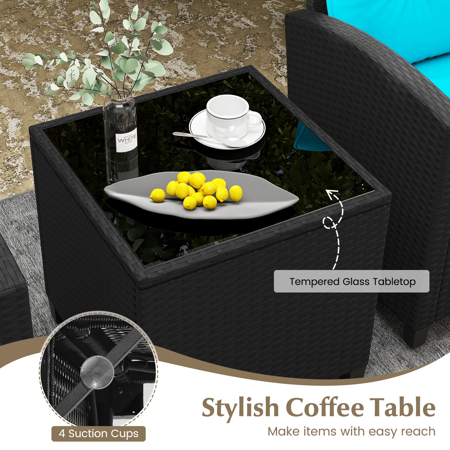 3 Pieces Patio Furniture Set with Tempered Glass Coffee Table-Turquoise