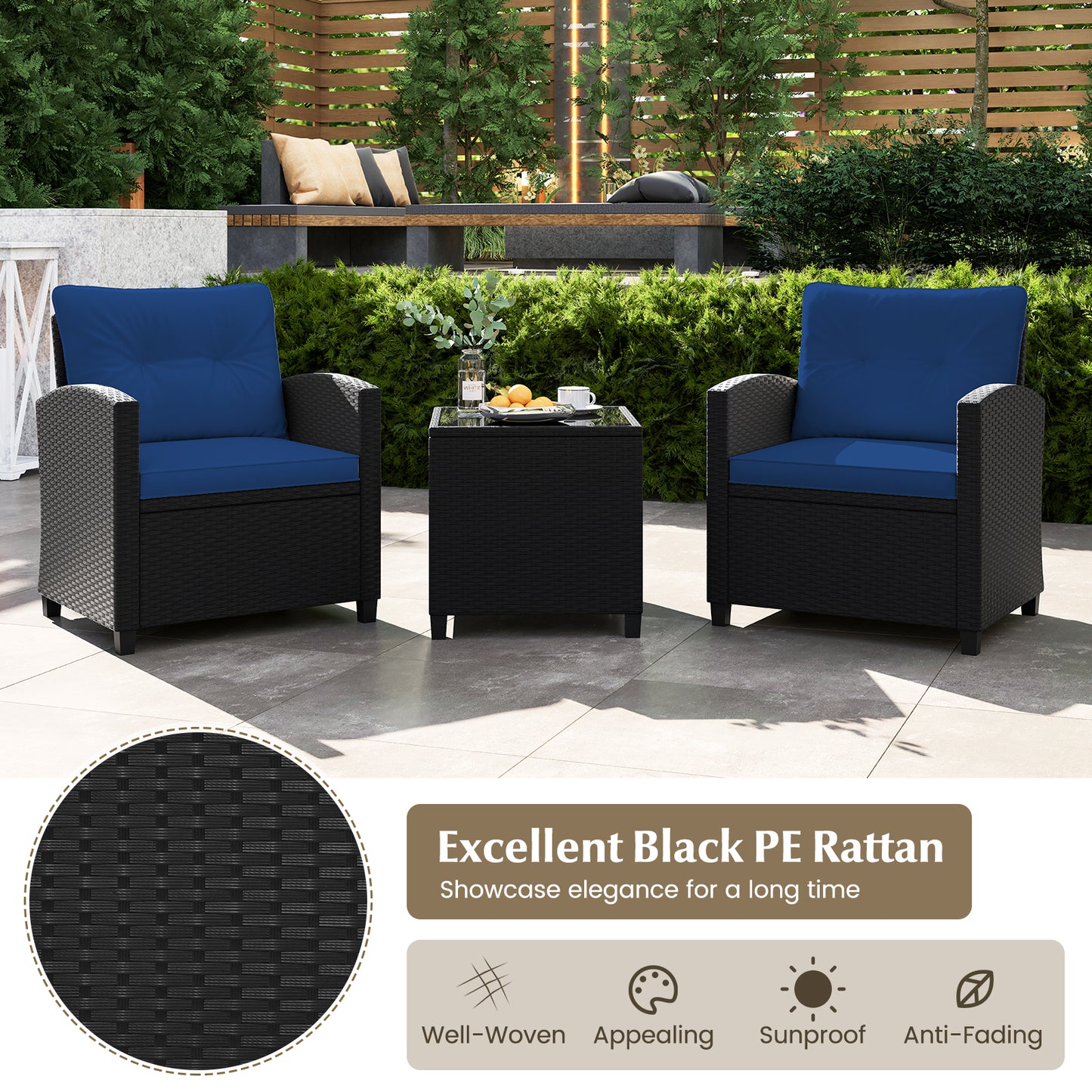 3 Pieces Patio Furniture Set with Tempered Glass Coffee Table-Navy