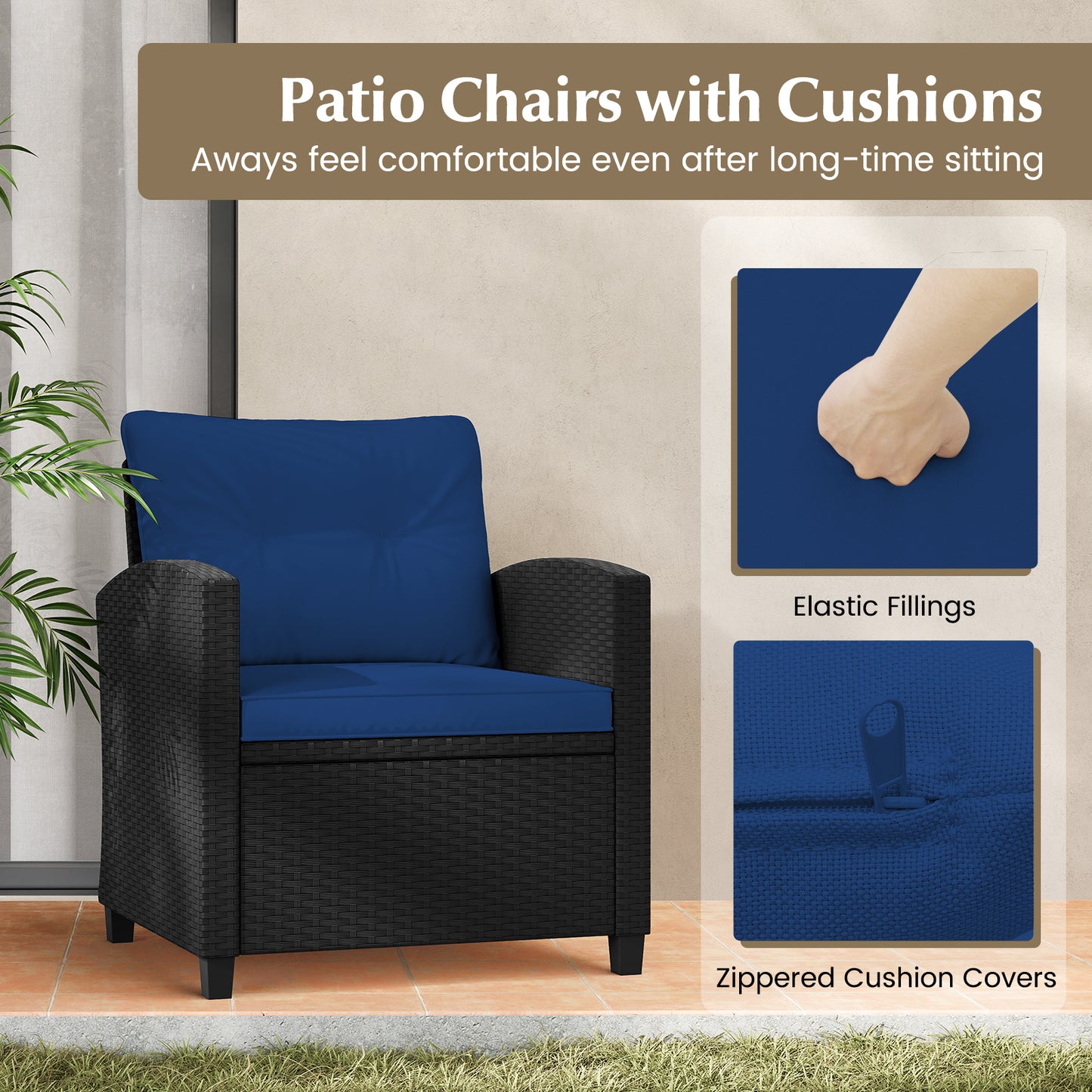 3 Pieces Patio Furniture Set with Tempered Glass Coffee Table-Navy