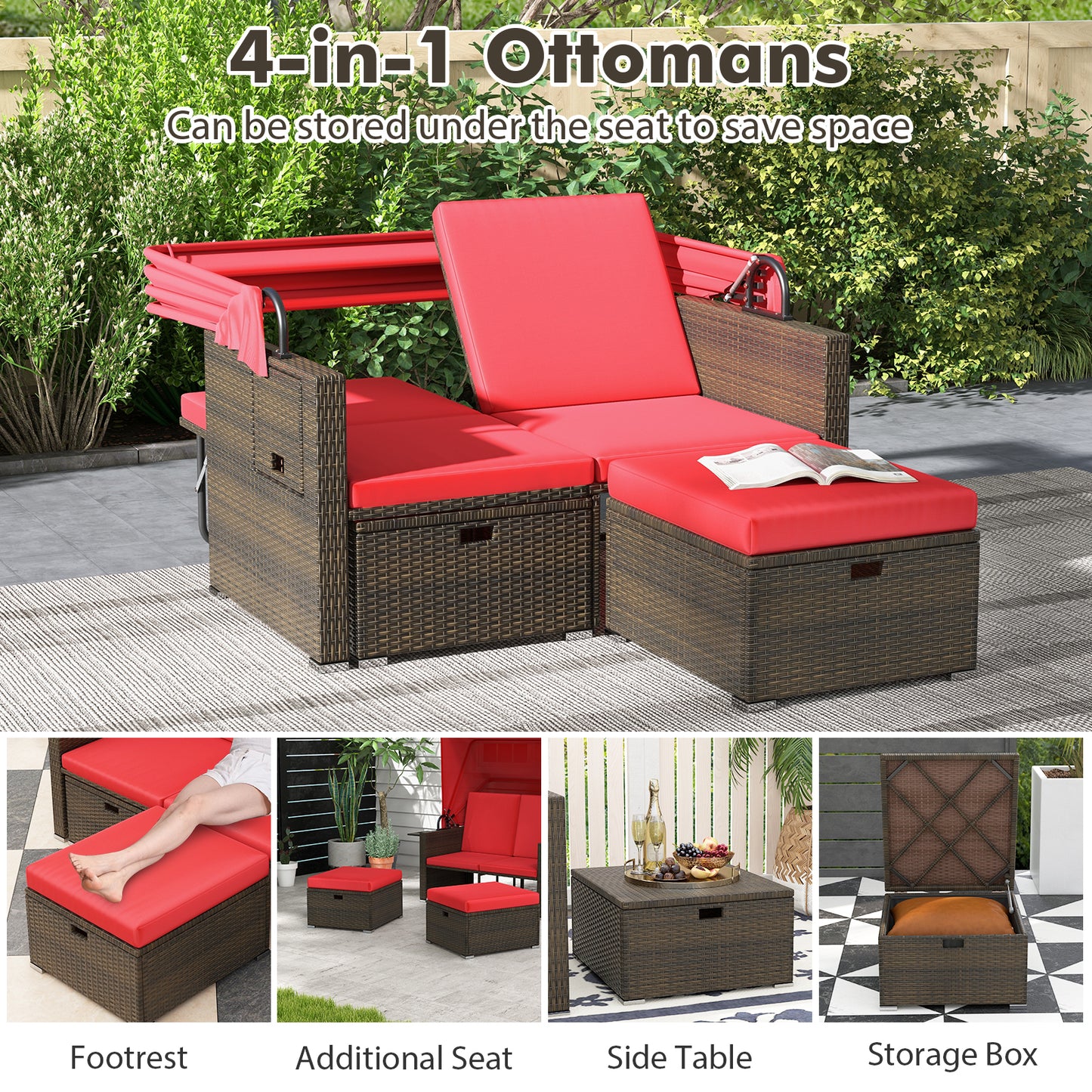 Outdoor Patio Rattan Daybed with Retractable Canopy and Adjustable Backrests-Red