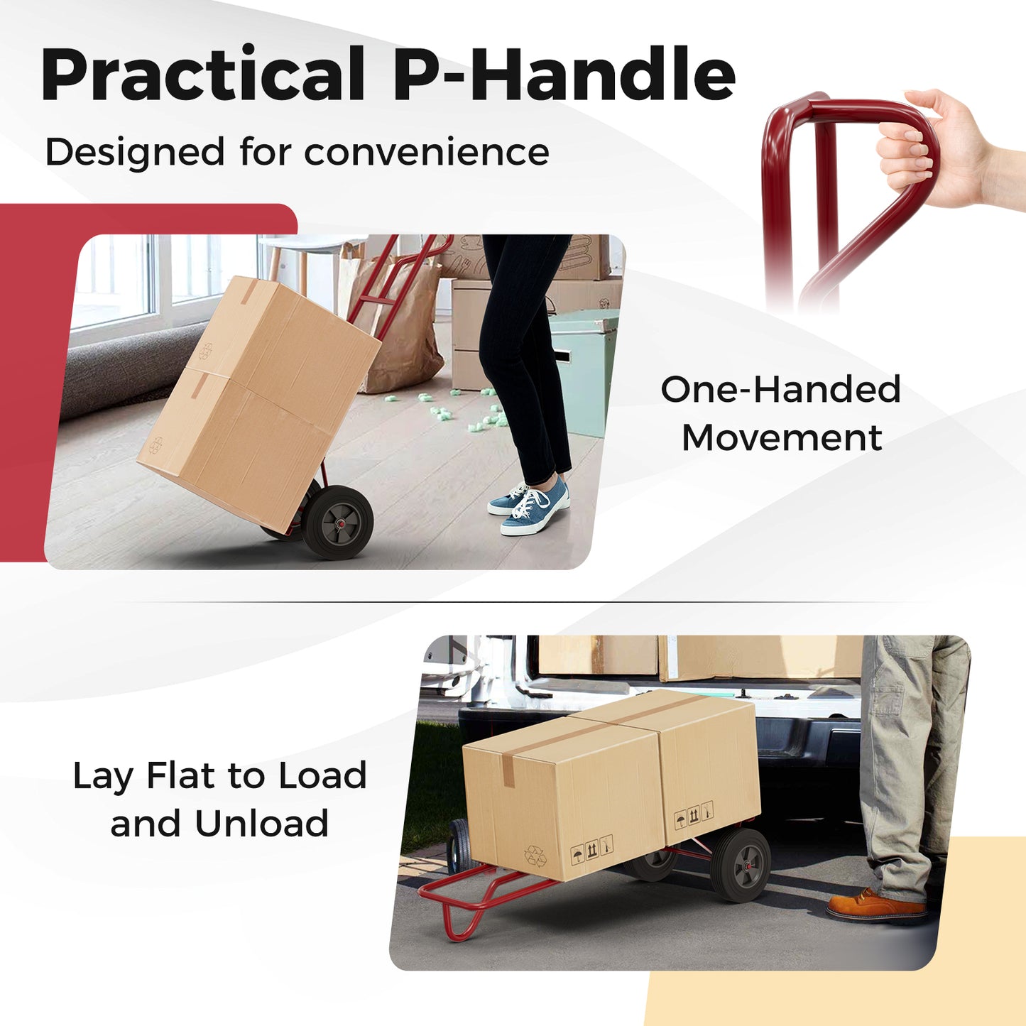 P-Handle Hand Truck with Foldable Load Plate for Warehouse Garage-Red