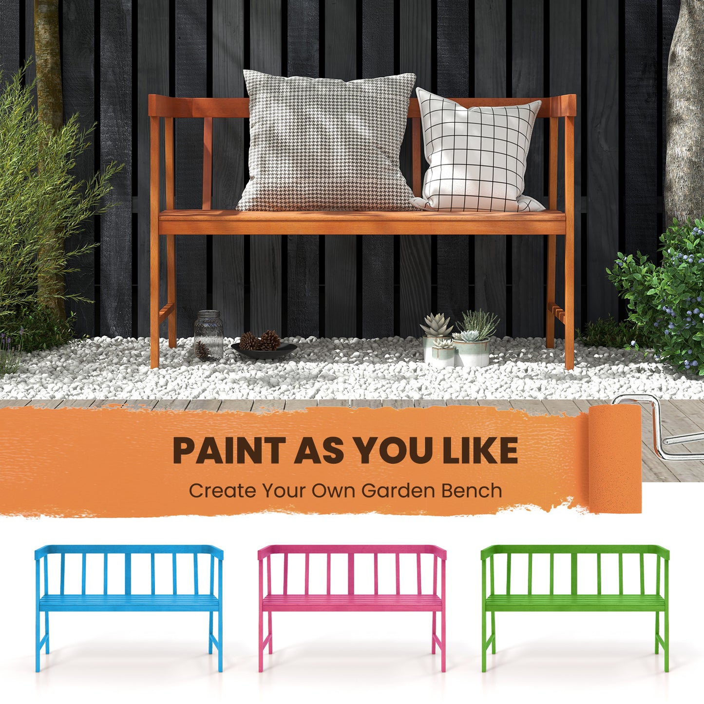 Outdoor Eucalyptus Wood Bench with Backrest and Armrests