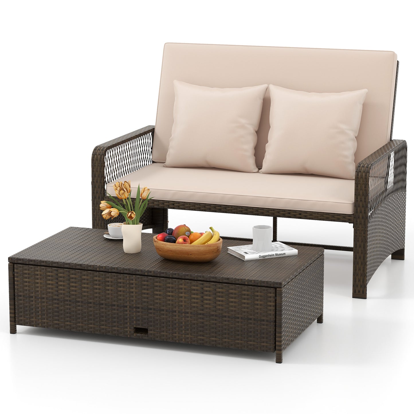 Patio Adjustable Wicker Daybed with 4-Level Backrest and Soft Cushions-Beige