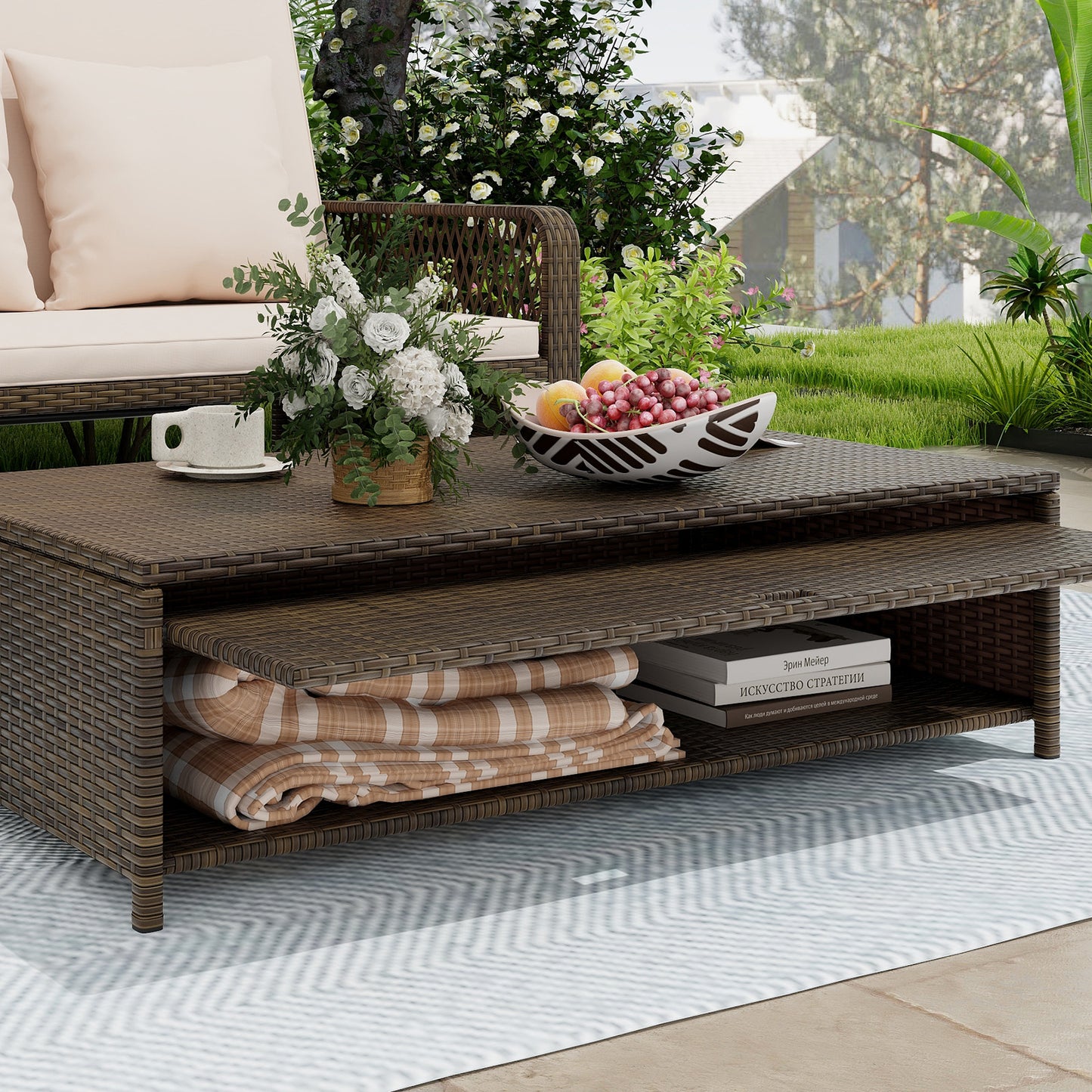 Patio Adjustable Wicker Daybed with 4-Level Backrest and Soft Cushions-Beige