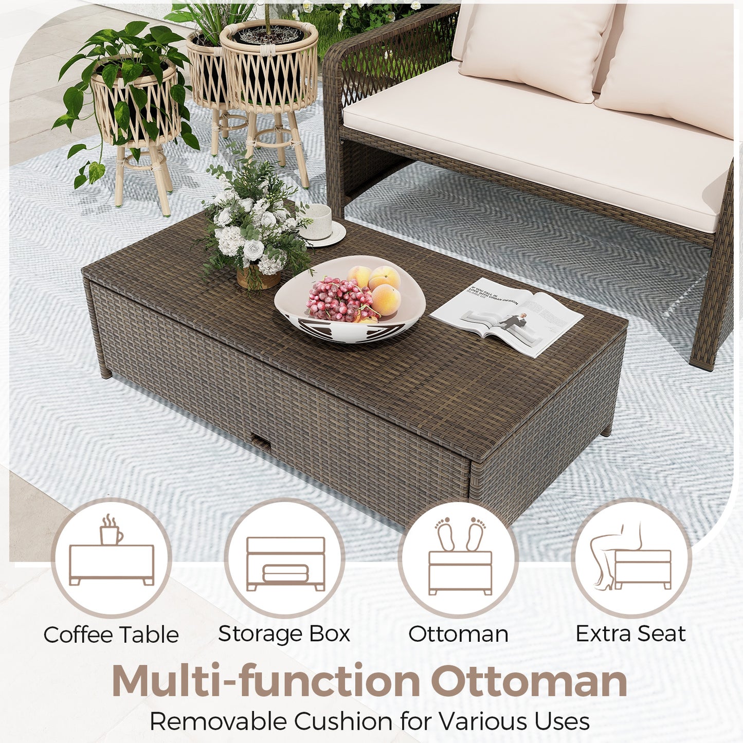 Patio Adjustable Wicker Daybed with 4-Level Backrest and Soft Cushions-Beige