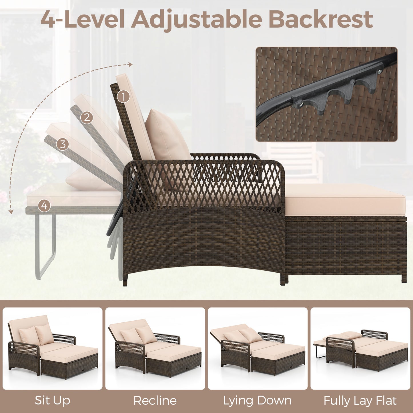 Patio Adjustable Wicker Daybed with 4-Level Backrest and Soft Cushions-Beige