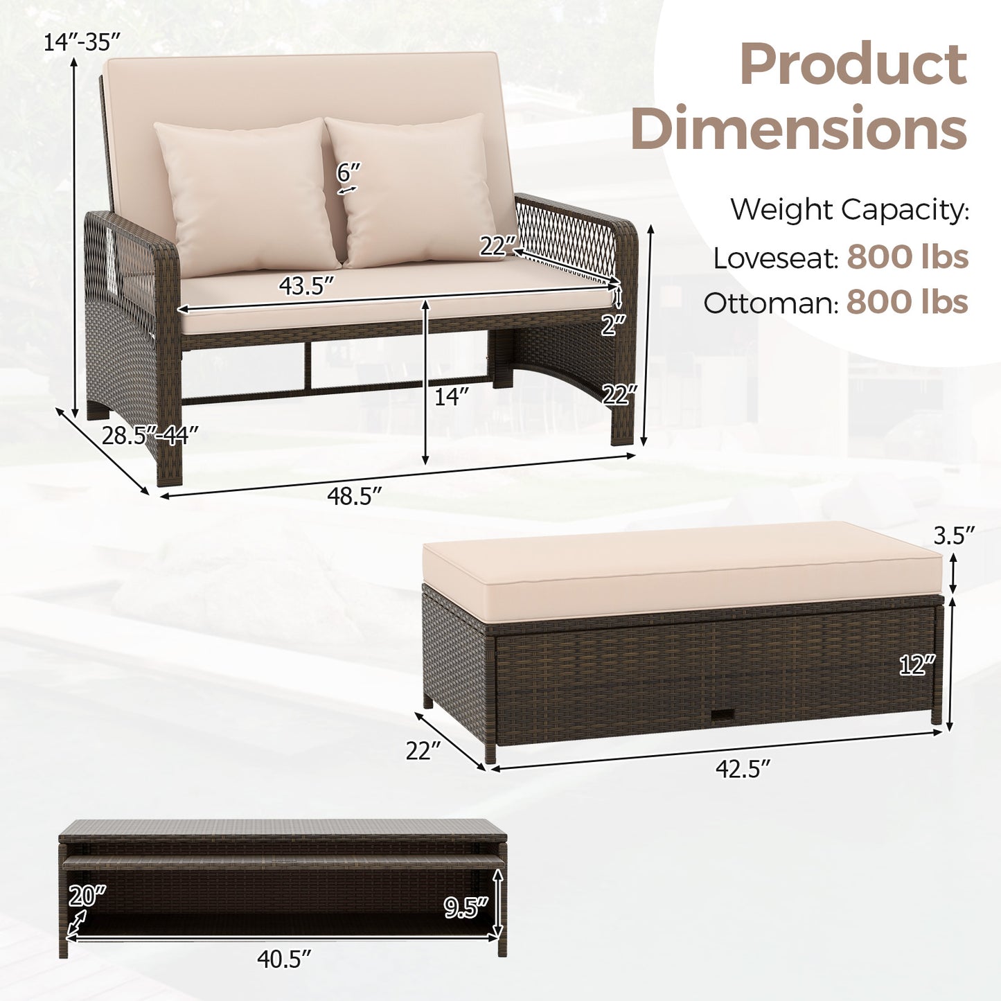Patio Adjustable Wicker Daybed with 4-Level Backrest and Soft Cushions-Beige